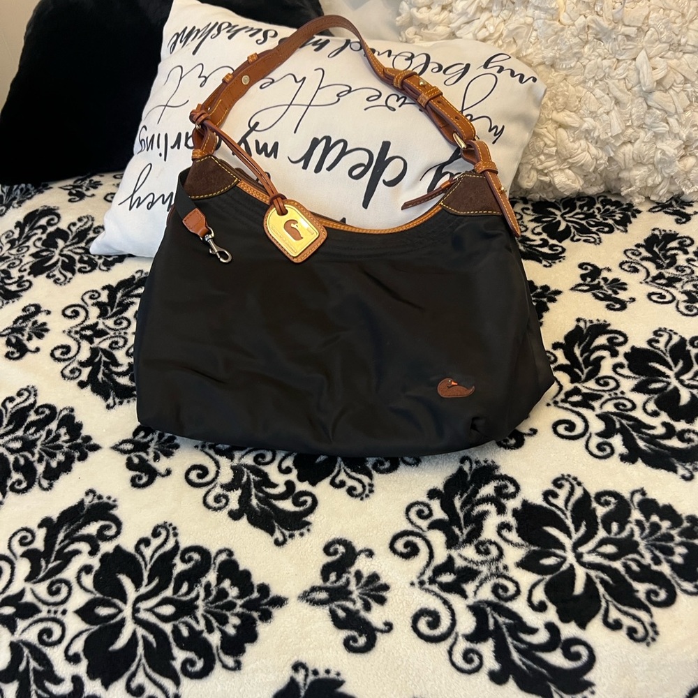 Dooney & Bourke Black Nylon Shoulder Bag with Brown Leather Trim